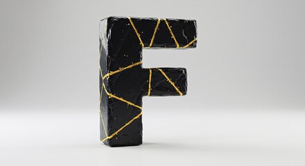 A Black Textured Letter F Adorned with Gold Lines Against A Simple White Background