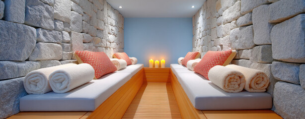 A spa retreat with stone walls, beds, pillows, towels, candles for relaxation
