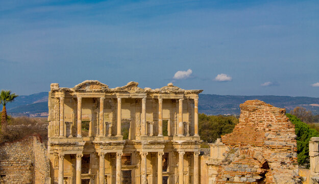 Ancient antique city of Efes, Ephesus in Turkey. Celsus library ruin in turkish historical sight. Ancient Greek city Ephesus ruins on the southern Mediterranean Ionia, coast of Turkey