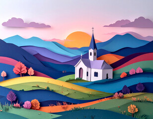 Naklejka premium Abstract Country Church on a Hillside Featuring Layered Paper Art