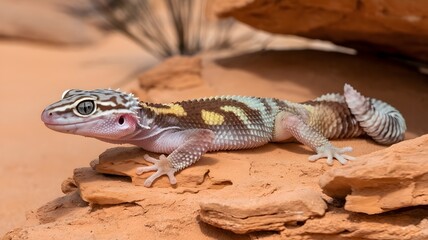 Fototapeta premium A vibrant close-up of a leopard gecko perched on a textured rock formation, with its colorful patterns on display. The gecko's posture suggests alertness in its natural habitat. 