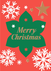Festive Merry Christmas Card Design with Green Flower Snowflakes Stars Red Background