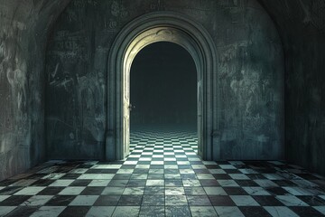 Obraz premium Surreal Dark Archway with Key and Checkerboard Floor Varient 2