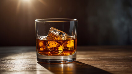 Two ornate glasses filled with amber whiskey, garnished with a single cube of crystal-clear ice