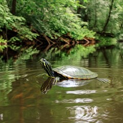 Obraz premium A turtle gracefully gliding on the surface of a tranquil lake, surrounded by lush greenery and calm reflection