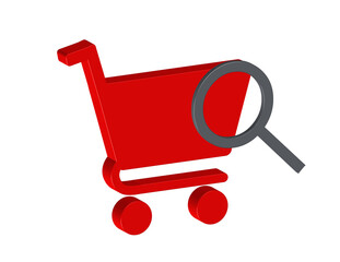 Simple 3D illustration of a red  shopping cart with a magnifying glass