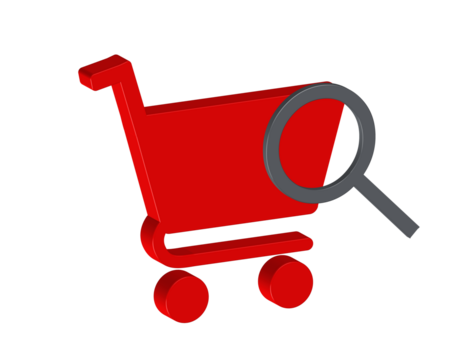 Simple 3D illustration of a red  shopping cart with a magnifying glass - Powered by Adobe
