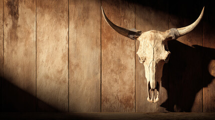A cow skull is illuminated by spotlight, against a weathered wooden wall