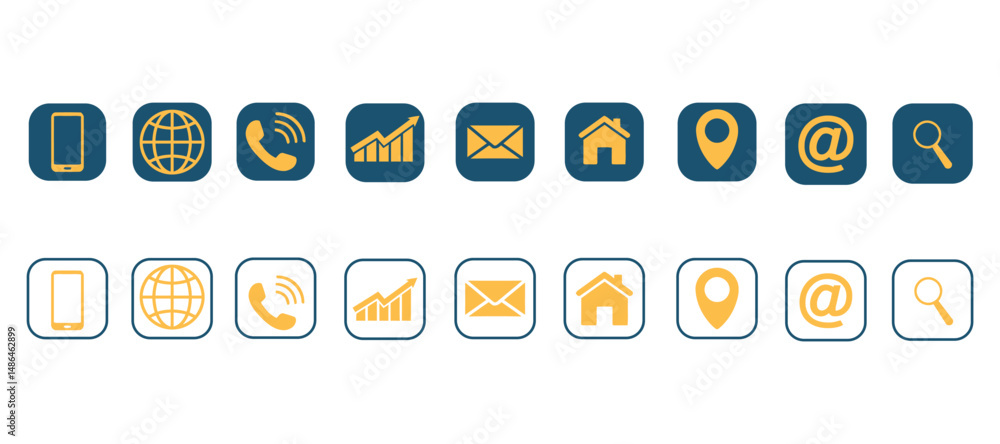 Poster flat contact and communication icon set in dual color styles with blue and yellow design