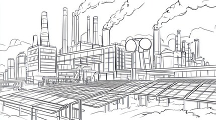 Fototapeta premium Industrial complex with solar panels. Sketch of factory