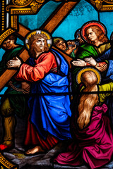 Fototapeta premium Stained glass (19th century) of The Way of the Cross. Second station: Jesus takes up his cross.