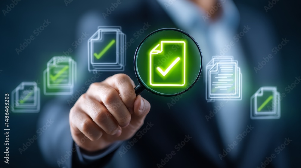 Poster document verification process - a businessman examines a document with a magnifying glass, highlight