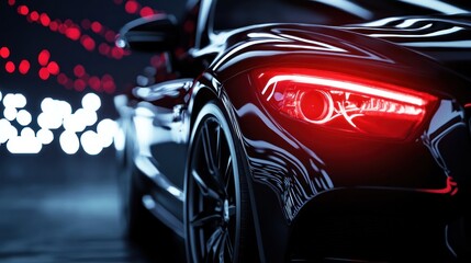 Fototapeta premium Luxury Black Sports Car Headlight Closeup Night Photography