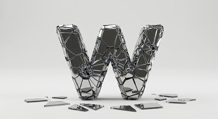 Obraz premium Cracked and Fragmented Chrome Metal Letter W on Isolated White Background Modern Art