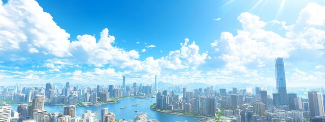 Fototapeta premium Panoramic View of Hong Kong Skyline with River and Skyscrapers – Urban Architecture & Travel Destination Concept