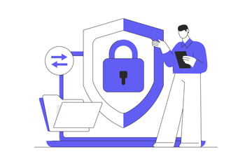 Data encryption with man character. Secure data transfer, encryption technology, digital privacy.  Flat Cartoon Vector Illustration, icon. Stylish abstract design landing page
