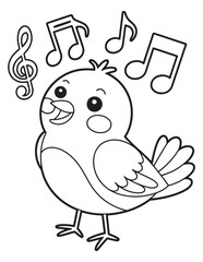 Singing Cartoon Bird with Big Eyes and Music Notes – Outline Drawing