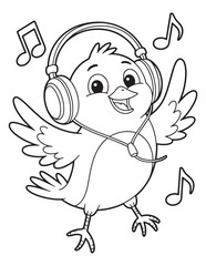 Cool Cartoon Bird Listening to Music with Headphones – Coloring Page