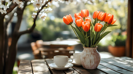 A cozy garden table with a vase of tulips and tea cups, placed under a blossoming tree