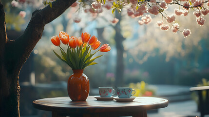 A cozy garden table with a vase of tulips and tea cups, placed under a blossoming tree