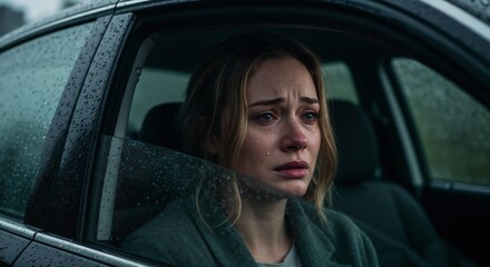 Young woman sitting in car crying during rain