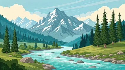 Mountain River Landscape with Pine Forest and Snowy Peaks