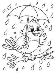 Bird with Umbrella on Rainy Day – Cute Cartoon Line Art
