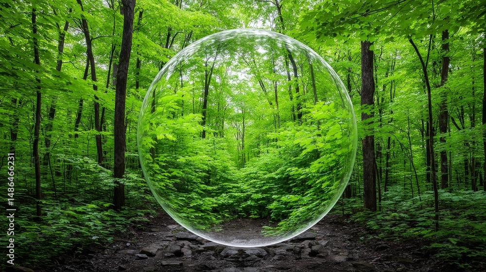 Poster forest bubble enchantment - a large transparent bubble rests in a lush green forest, reflecting the 