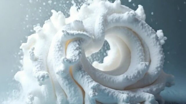 Spiral appears and dissolves on isolated background. Design. 3D foam spiral twists and dissolves in space. White spiral twists and dissolves like foam or smoke