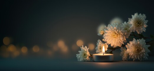 White asters with burning candle on dark background, solemn funeral atmosphere
