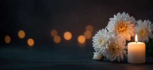 White asters with burning candle on dark bokeh background