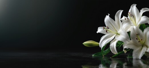 White lilies on black background, funeral theme symbolizing rebirth and new beginnings