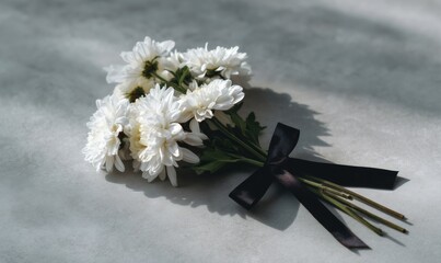 White asters central arrangement with black ribbon on gray stone, funeral theme