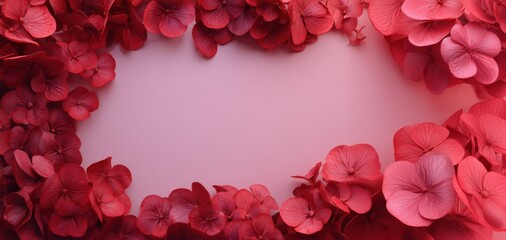 Red hydrangea floral frame on pink background in flat lay style