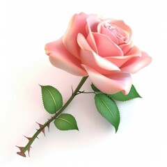 A delicate, pink rose with vibrant petals and thorns.