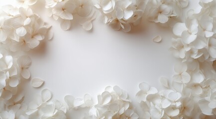 White hydrangea floral frame on white background with text space, delicate and elegant design for greeting cards
