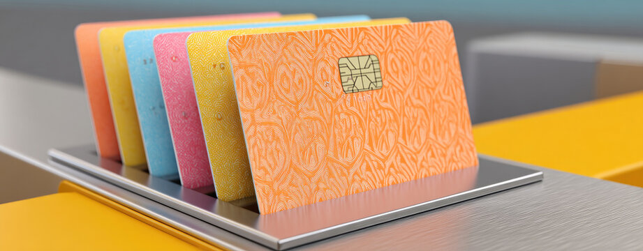 Colorful credit cards arrayed on a metallic surface with a digital chip - Powered by Adobe