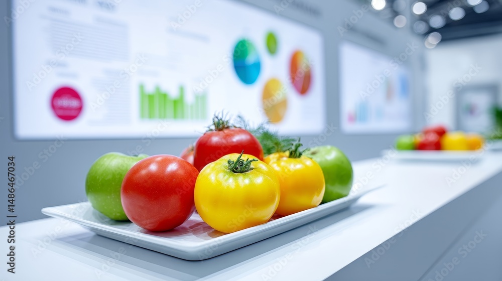 Poster fresh tomatoes and apples display - colorful ripe tomatoes and green apples arranged on a white rect