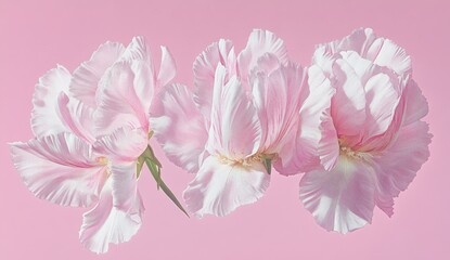 Delicate pink flowers in a soft pastel setting.  Close-up view of three blossoms, featuring ruffled petals and a gentle gradient of light pink and white.  Elegant and romantic floral arrangement