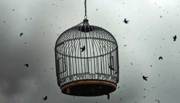 Freedom: Birds escaping cage, liberation concept, dramatic sky
