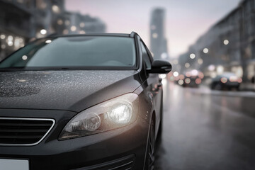 Dark sedan parked on a wet street, illuminated by city lights, showcasing reflections on the pavement, creating a moody urban atmosphere during a rainy evening