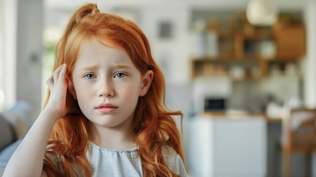 Red haired girl 10 years old holding ear with pain from otitis, ear pain, worried expression, home interior with soft background. ear infections in children. deafness from headphones in children