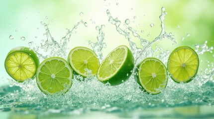 Dynamic splash of crystal-clear water with fresh sliced limes in mid-air, vibrant green colors, droplets frozen in motion, refreshing and energetic scene.