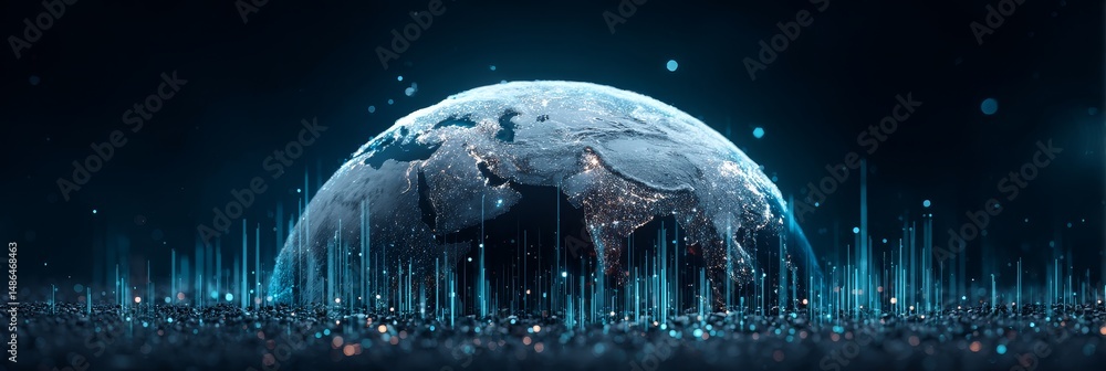 Poster global network illumination - a glowing blue earth symbolizes global connectivity, data streams repr
