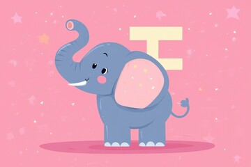Fototapeta premium flashcard with letter E, excited elephant, flat vector, bright color palette