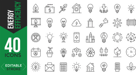 Energy Efficiency Line Icons Set – Editable Vector for Sustainability & Eco-Friendly Design

