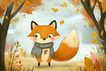 flashcard with letter F, friendly fox, children's learning illustration