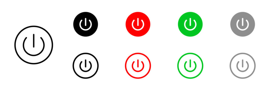 Power On/Off Button Icon Set &ndash; Flat Line Energy Switch, Vector for Apps/Web