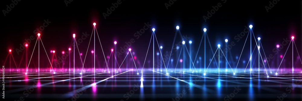 Poster glowing particle network connections - abstract art depicting interconnected glowing particles, symb