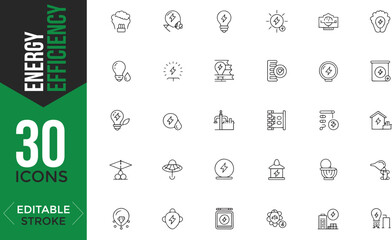 Energy Efficiency Line Icons Set – Editable Vector for Sustainability & Eco-Friendly Design

